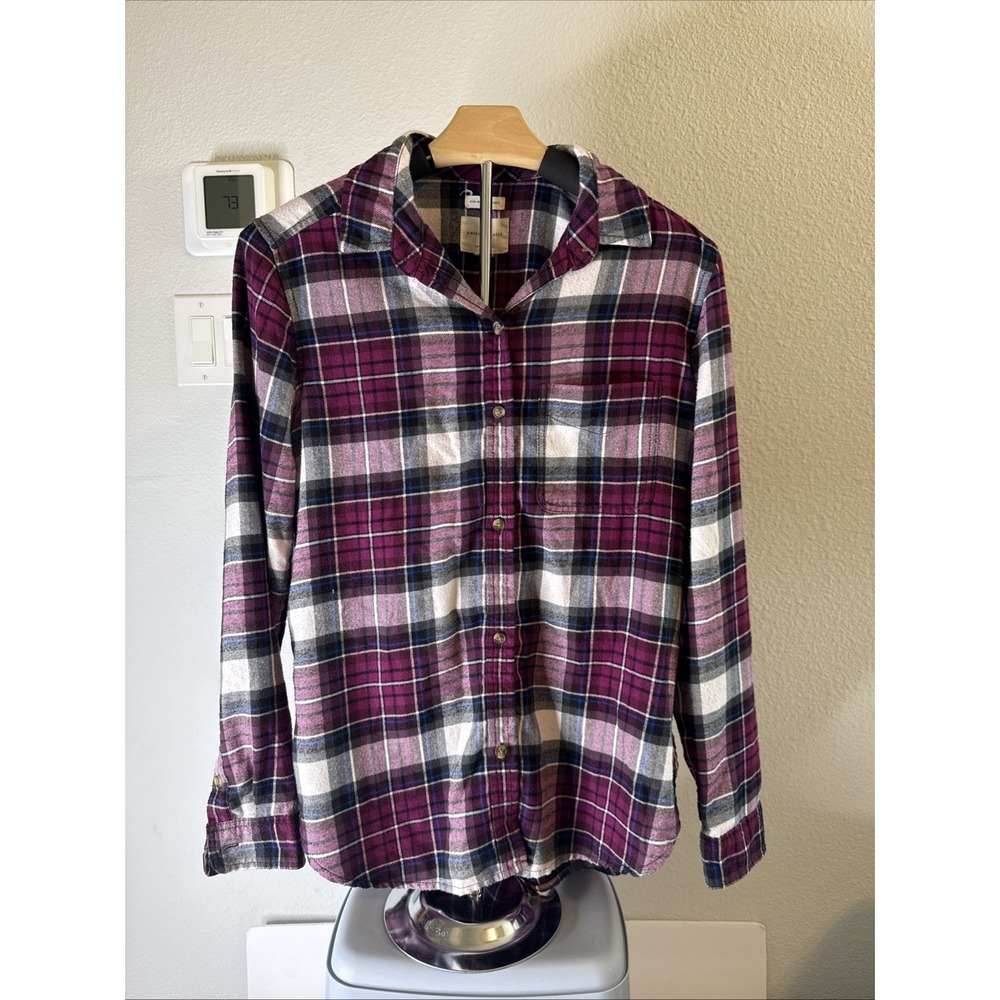 American Eagle Ahh-Mazingly Soft Boyfriend Fit Purple Plaid Flannel Shirt S